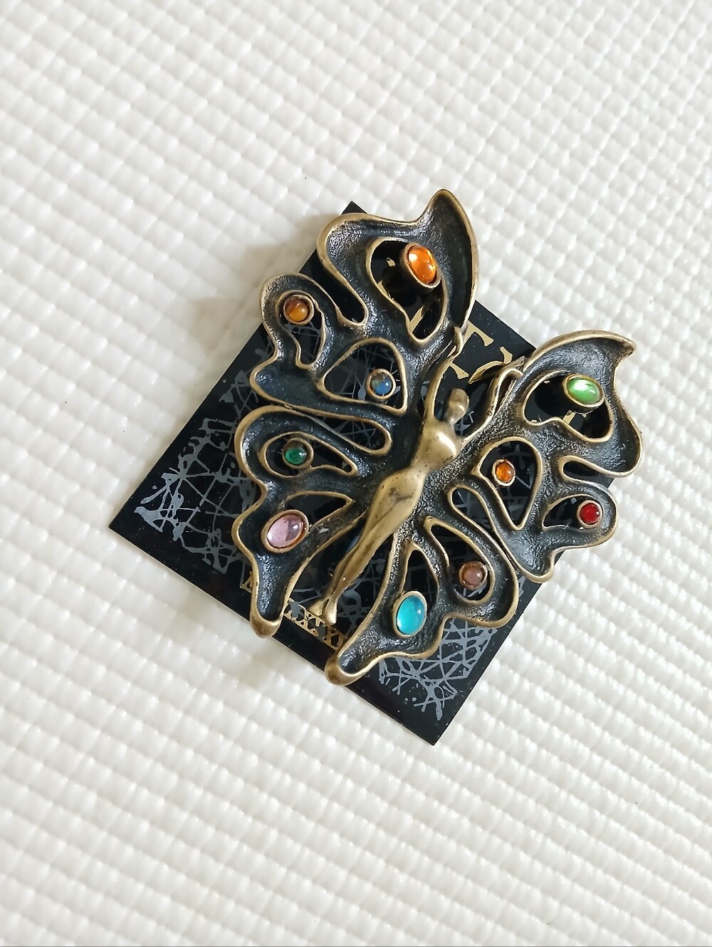 Vintage JJ gold bronze jewel cabs Butterfly woman, Art Nuvo style brooch, new - Picture 2 of 5